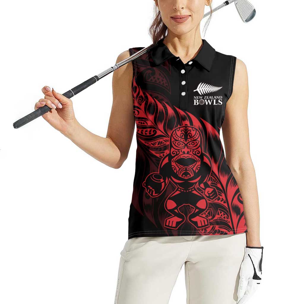 New Zealand Lawn Bowls Custom Women Sleeveless Polo Shirt Red Maori Warrior Tribal Silver Fern - Aussie Hoodie