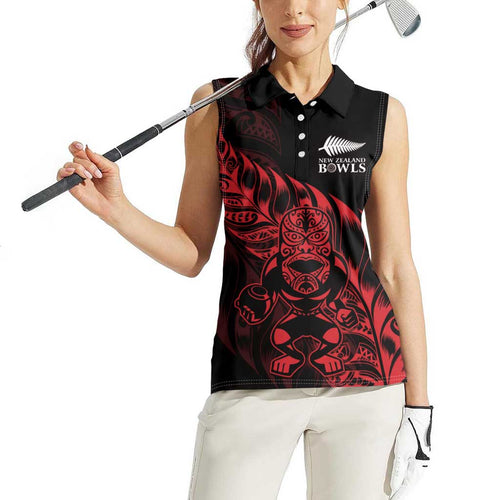 New Zealand Lawn Bowls Custom Women Sleeveless Polo Shirt Red Maori Warrior Tribal Silver Fern - Aussie Hoodie