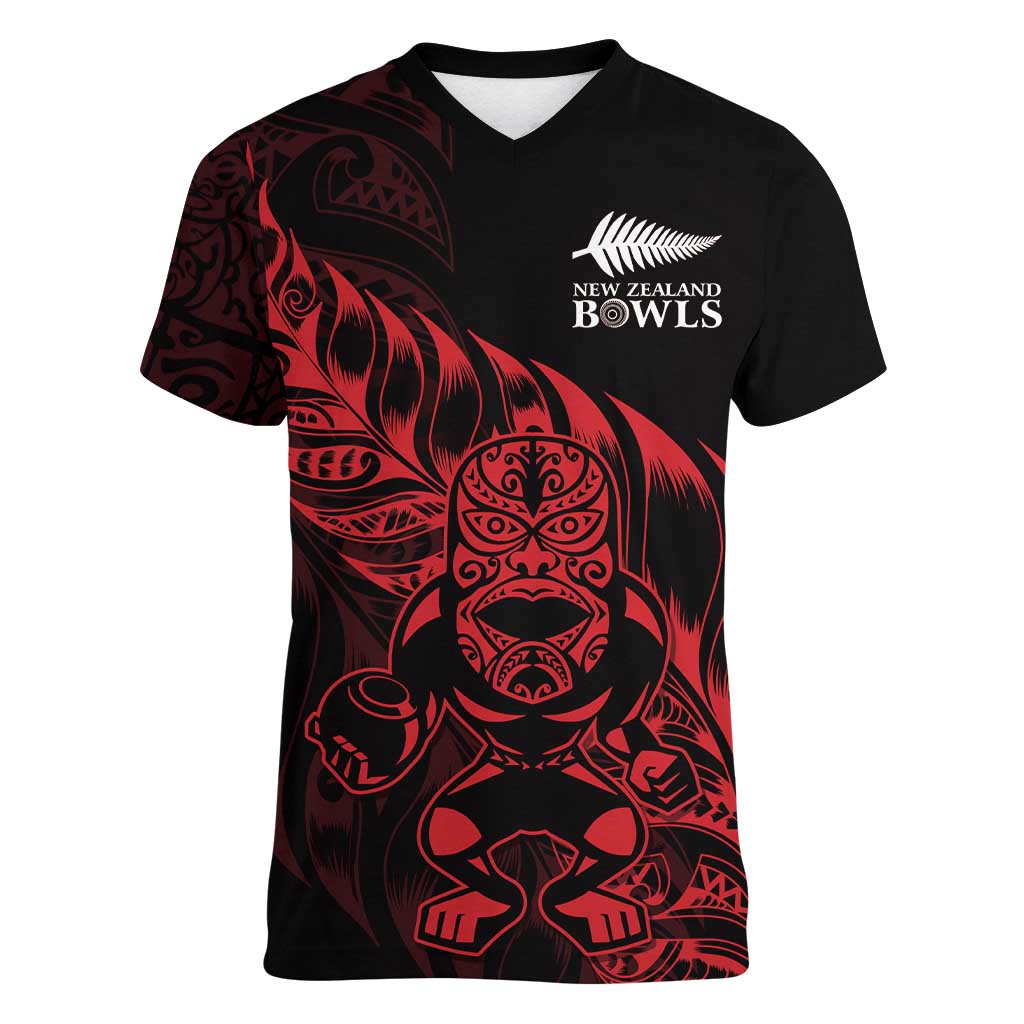 New Zealand Lawn Bowls Custom Women V-Neck T-Shirt Red Maori Warrior Tribal Silver Fern - Aussie Hoodie