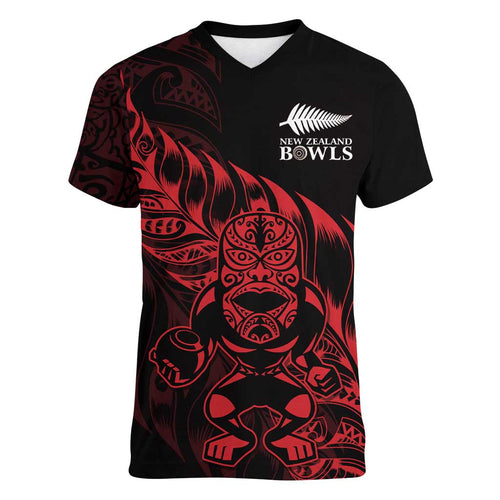 New Zealand Lawn Bowls Custom Women V-Neck T-Shirt Red Maori Warrior Tribal Silver Fern - Aussie Hoodie