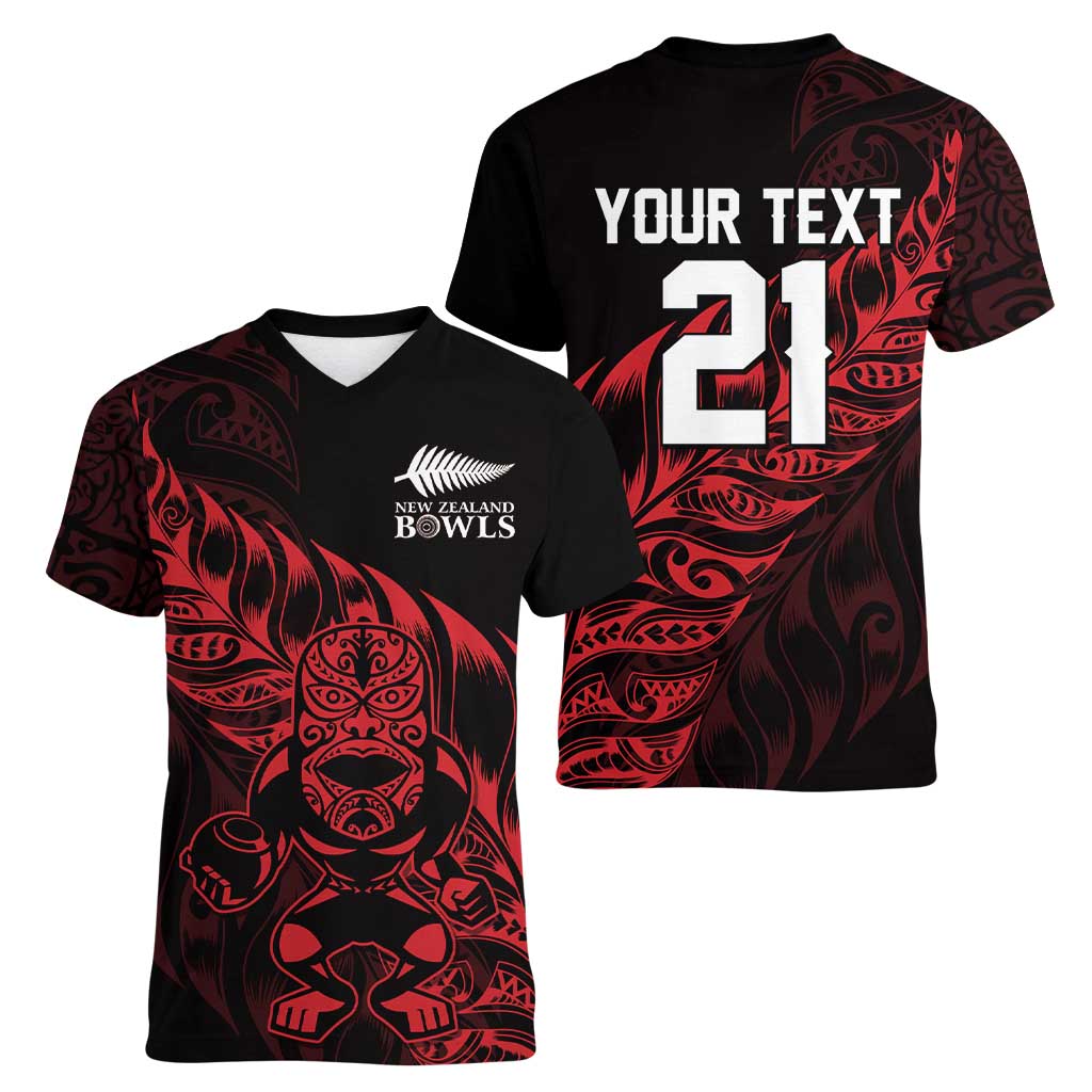 New Zealand Lawn Bowls Custom Women V-Neck T-Shirt Red Maori Warrior Tribal Silver Fern - Aussie Hoodie