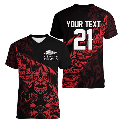 New Zealand Lawn Bowls Custom Women V-Neck T-Shirt Red Maori Warrior Tribal Silver Fern - Aussie Hoodie