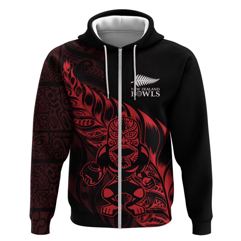 New Zealand Lawn Bowls Custom Zip Hoodie Red Maori Warrior Tribal Silver Fern - Aussie Hoodie