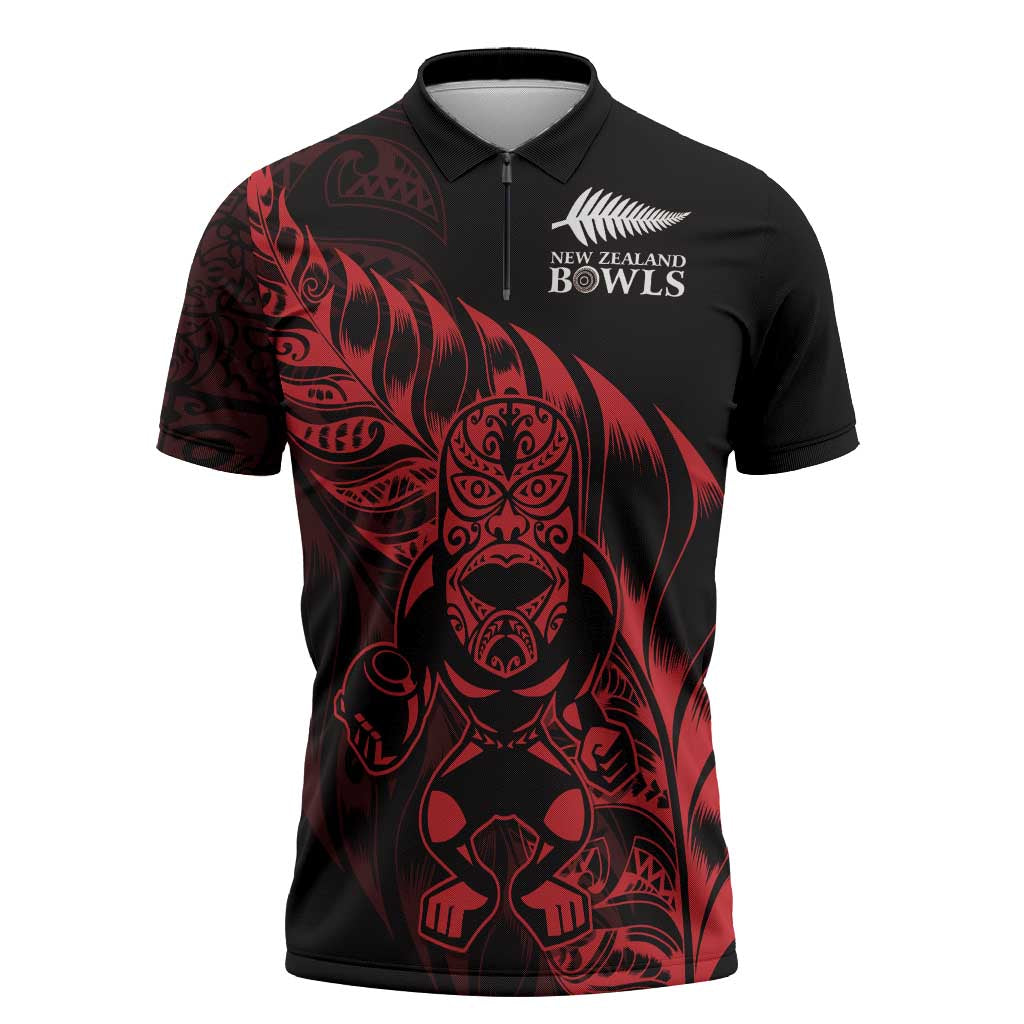 New Zealand Lawn Bowls Custom Zipper Polo Shirt Red Maori Warrior Tribal Silver Fern - Aussie Hoodie
