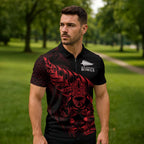 New Zealand Lawn Bowls Custom Zipper Polo Shirt Red Maori Warrior Tribal Silver Fern - Aussie Hoodie