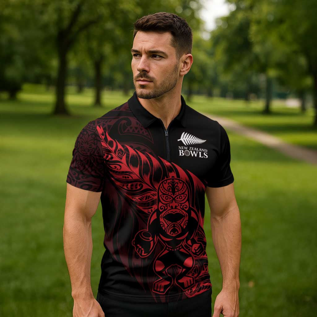 New Zealand Lawn Bowls Custom Zipper Polo Shirt Red Maori Warrior Tribal Silver Fern - Aussie Hoodie