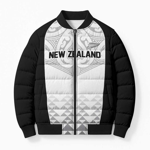 World Football 2026 New Zealand Custom Bomber Puffer Jacket All White Fern Maori Tribal - Aussie Hoodie