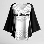 World Football 2026 New Zealand Custom Kimono Sleeve Blouse All White Fern Maori Tribal - Aussie Hoodie