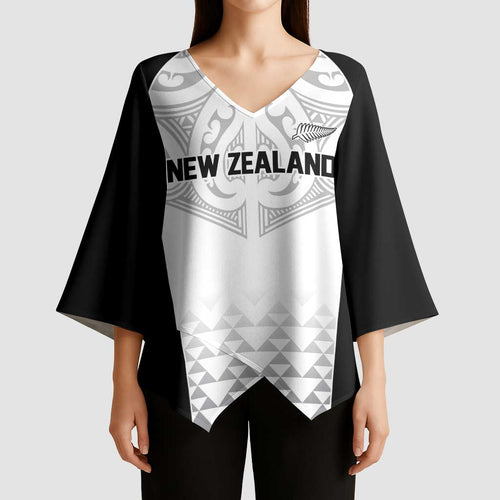 World Football 2026 New Zealand Custom Kimono Sleeve Blouse All White Fern Maori Tribal - Aussie Hoodie