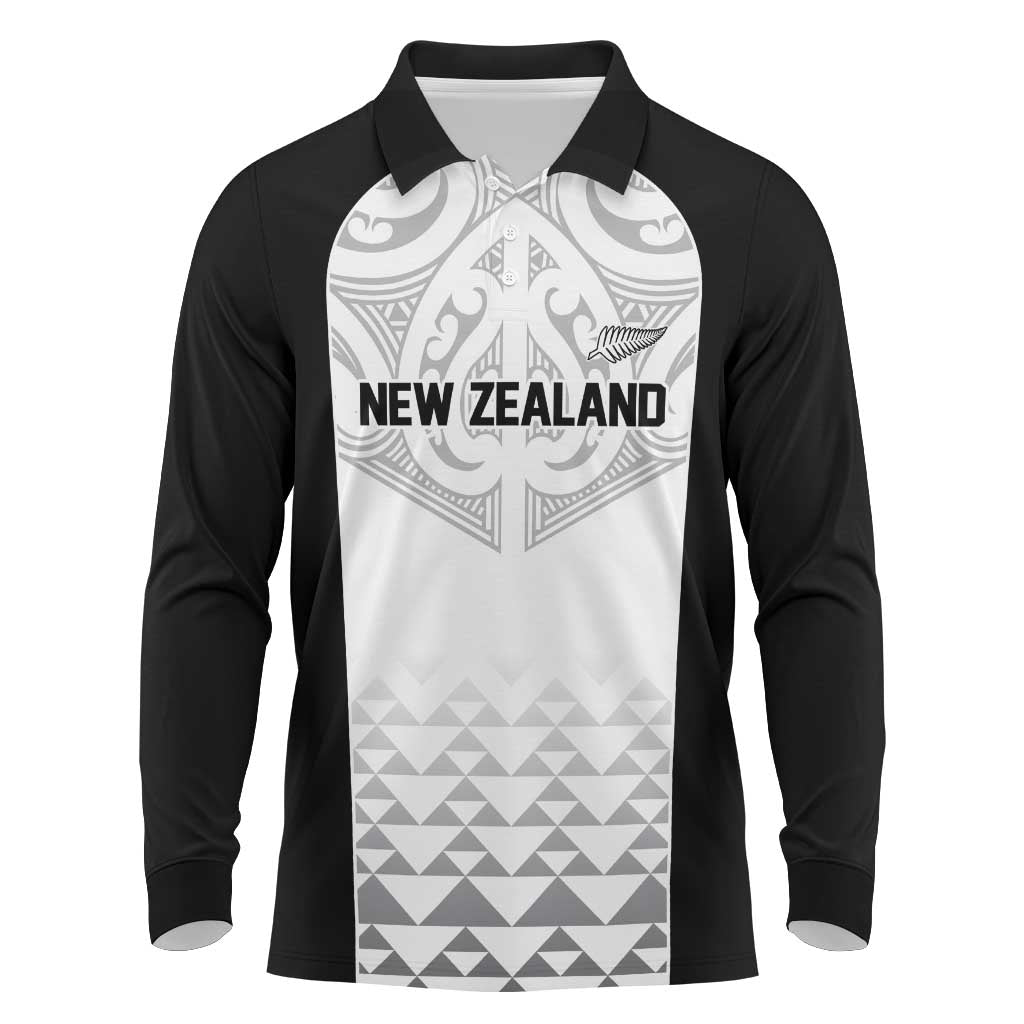 World Football 2026 New Zealand Custom Long Sleeve Polo Shirt All White Fern Maori Tribal - Aussie Hoodie