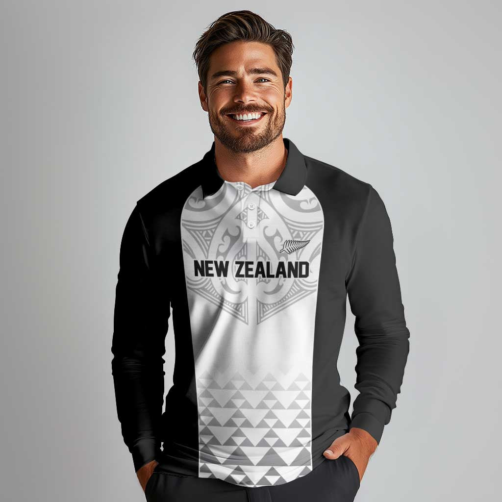 World Football 2026 New Zealand Custom Long Sleeve Polo Shirt All White Fern Maori Tribal - Aussie Hoodie