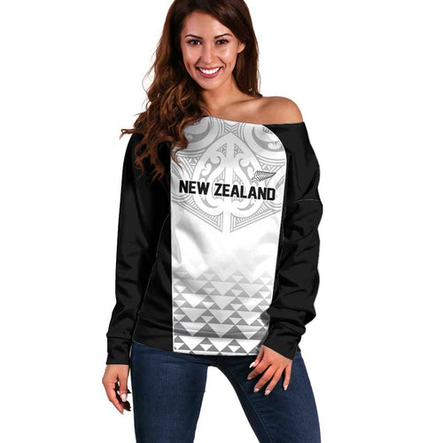 World Football 2026 New Zealand Custom Off Shoulder Sweater All White Fern Maori Tribal - Aussie Hoodie