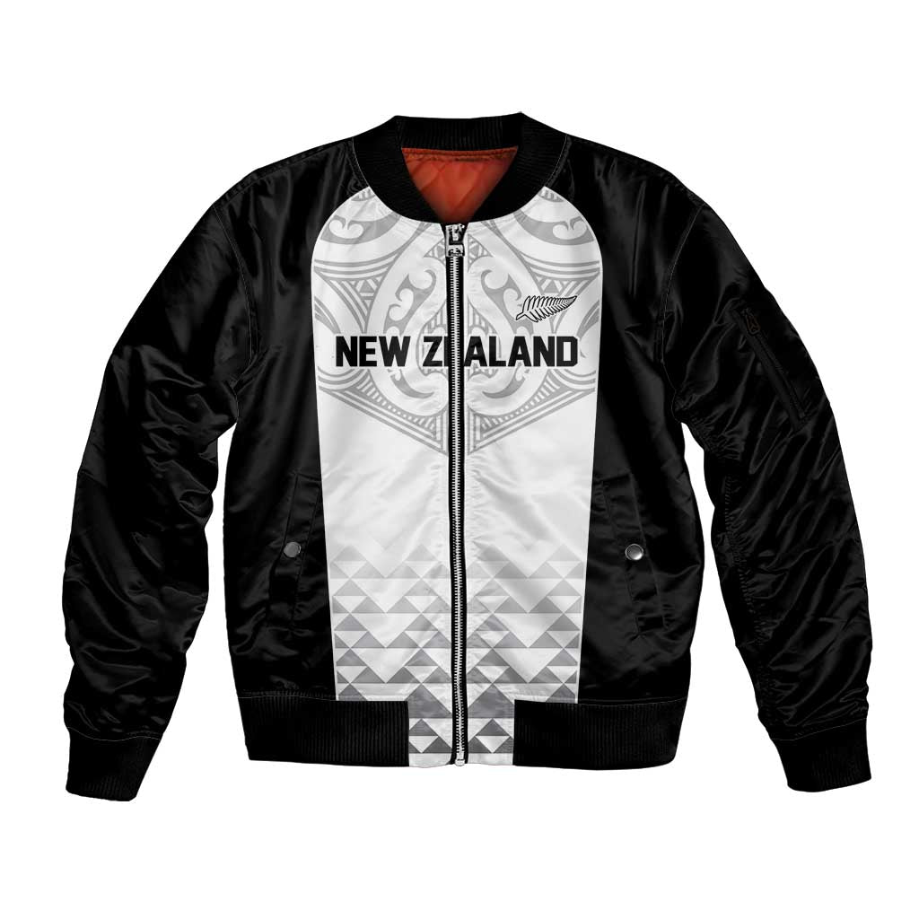 World Football 2026 New Zealand Custom Sleeve Zip Bomber Jacket All White Fern Maori Tribal - Aussie Hoodie