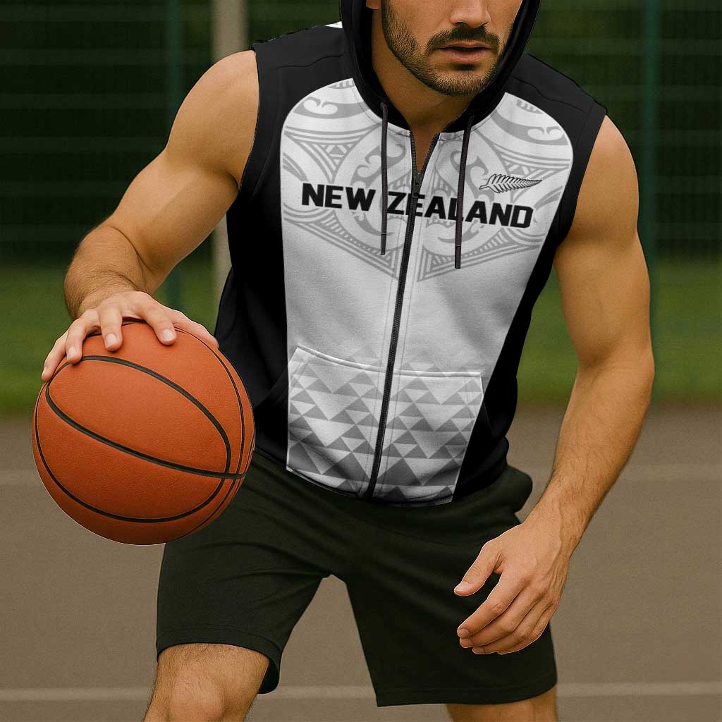 World Football 2026 New Zealand Custom Sleeveless Zip Hoodie All White Fern Maori Tribal - Aussie Hoodie