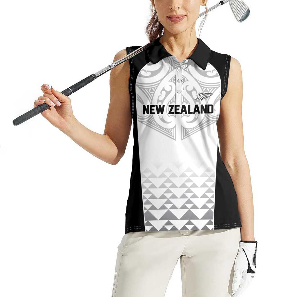 World Football 2026 New Zealand Custom Women Sleeveless Polo Shirt All White Fern Maori Tribal - Aussie Hoodie