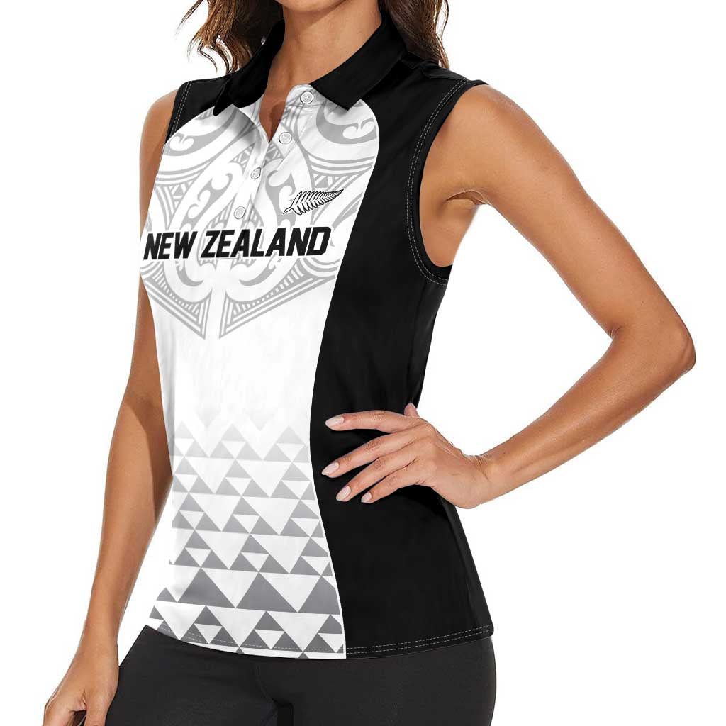 World Football 2026 New Zealand Custom Women Sleeveless Polo Shirt All White Fern Maori Tribal - Aussie Hoodie