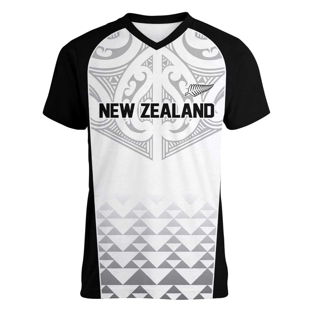 World Football 2026 New Zealand Custom Women V-Neck T-Shirt All White Fern Maori Tribal - Aussie Hoodie