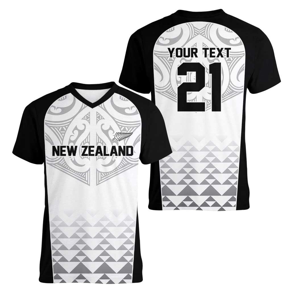 World Football 2026 New Zealand Custom Women V-Neck T-Shirt All White Fern Maori Tribal - Aussie Hoodie