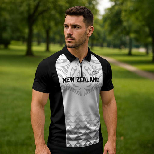 World Football 2026 New Zealand Custom Zipper Polo Shirt All White Fern Maori Tribal - Aussie Hoodie