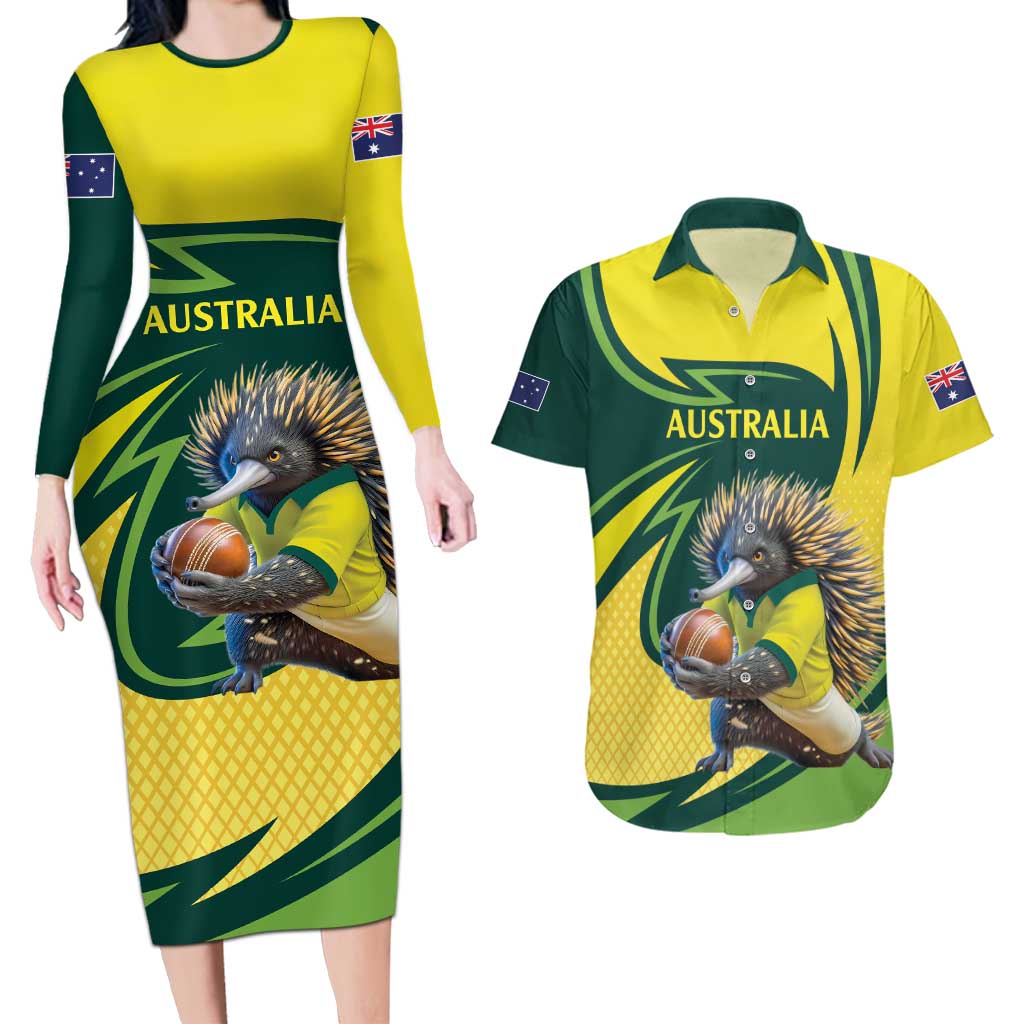 Australian Echidna Cricket Custom Couples Matching Long Sleeve Bodycon Dress and Hawaiian Shirt Aussie National Color