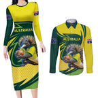 Australian Echidna Cricket Custom Couples Matching Long Sleeve Bodycon Dress and Long Sleeve Button Shirt Aussie National Color