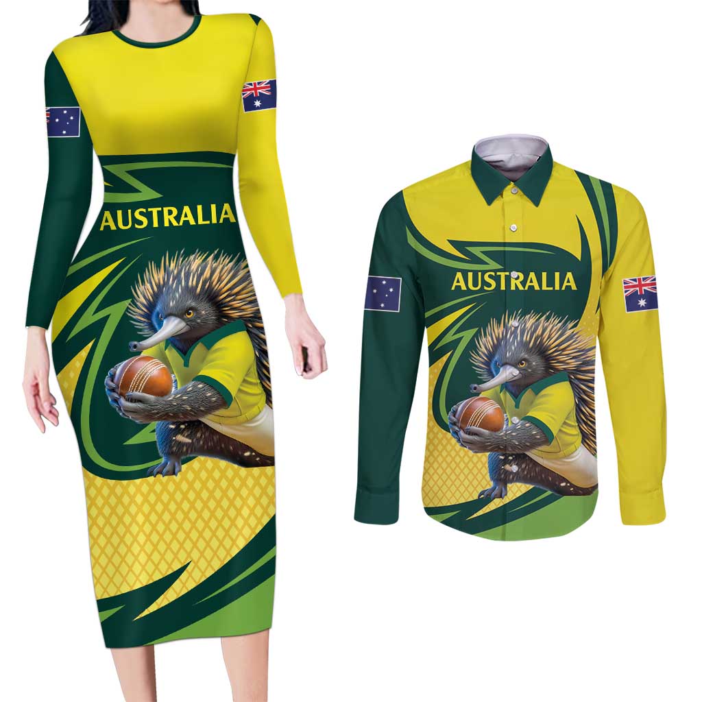 Australian Echidna Cricket Custom Couples Matching Long Sleeve Bodycon Dress and Long Sleeve Button Shirt Aussie National Color