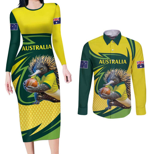 Australian Echidna Cricket Custom Couples Matching Long Sleeve Bodycon Dress and Long Sleeve Button Shirt Aussie National Color