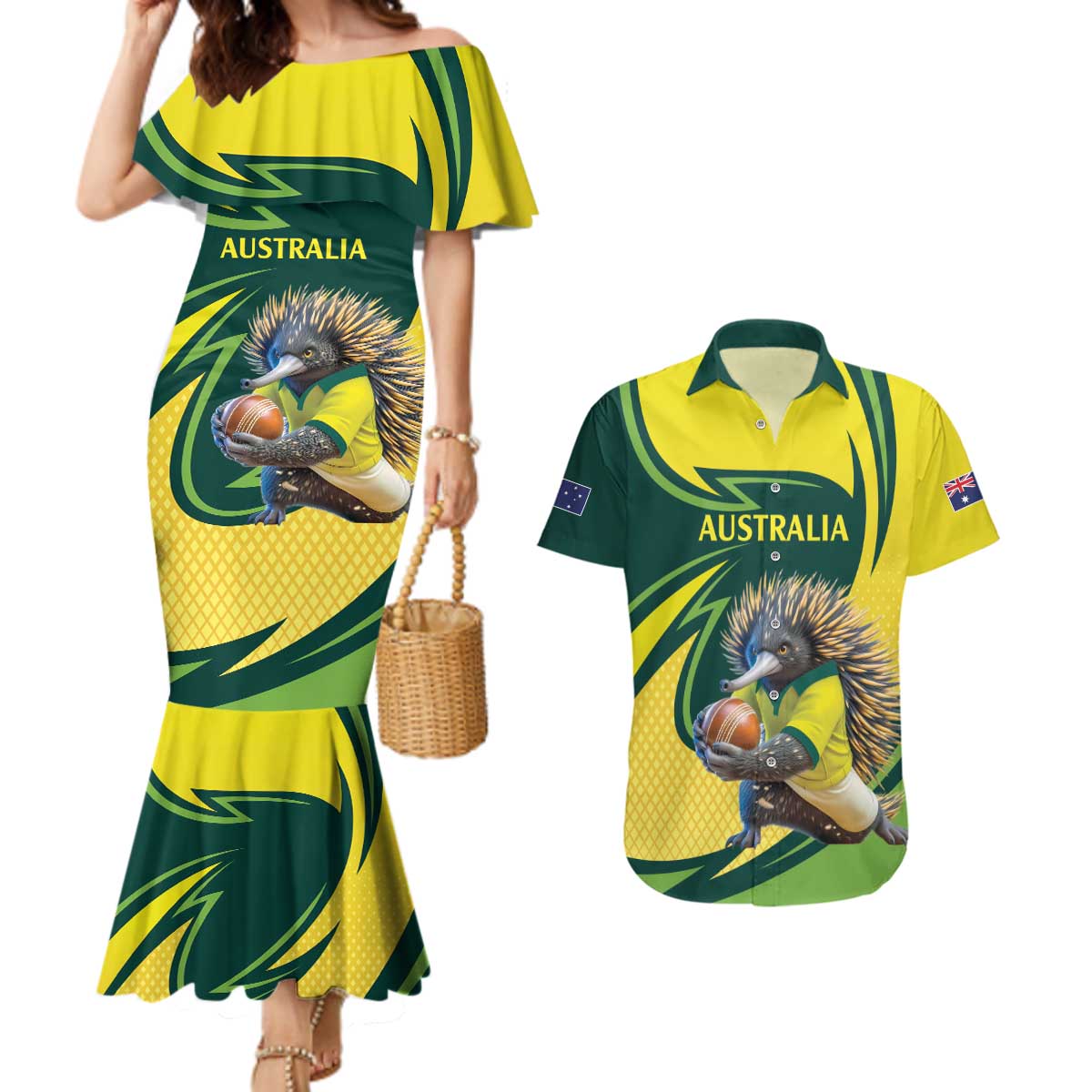 Australian Echidna Cricket Custom Couples Matching Mermaid Dress and Hawaiian Shirt Aussie National Color
