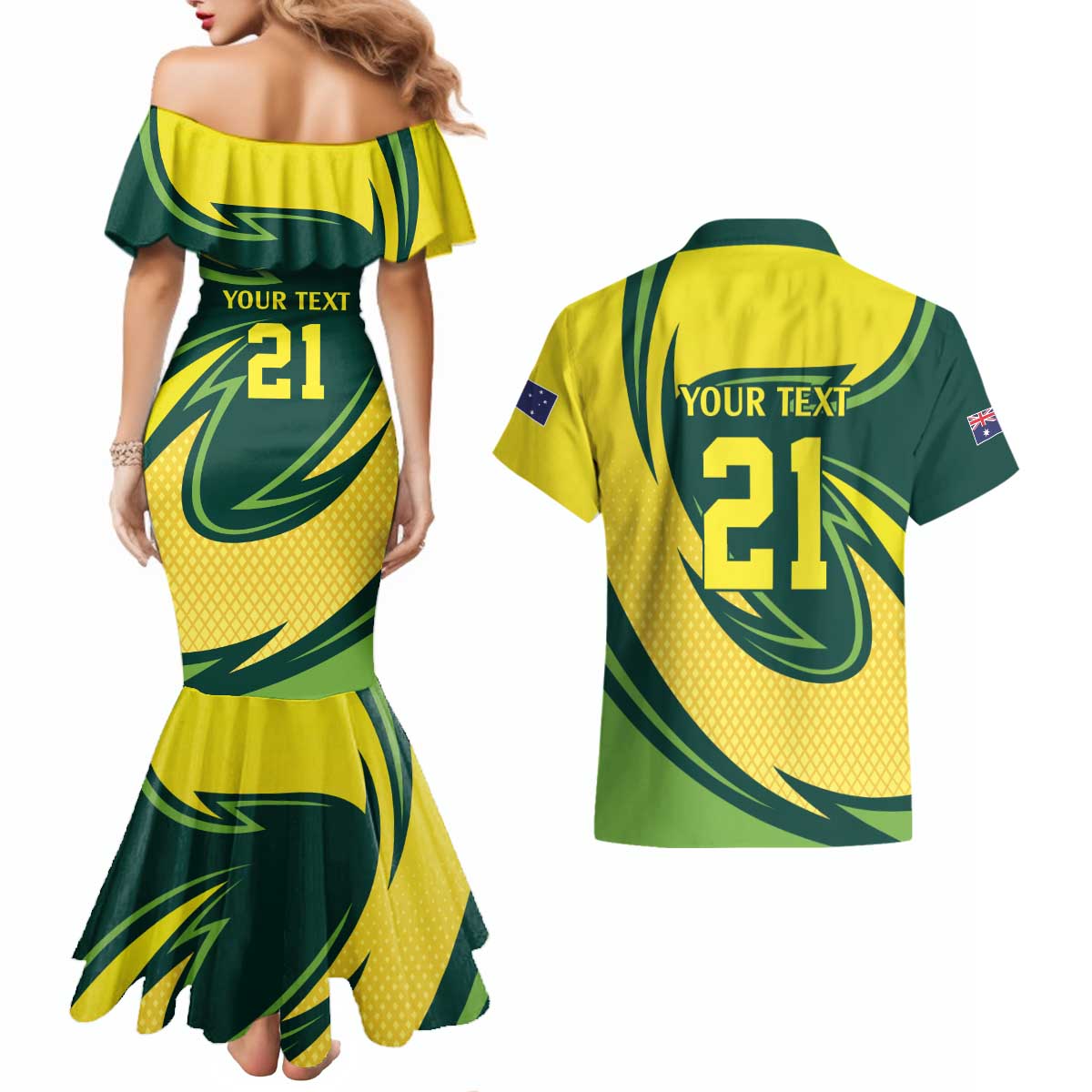 Australian Echidna Cricket Custom Couples Matching Mermaid Dress and Hawaiian Shirt Aussie National Color