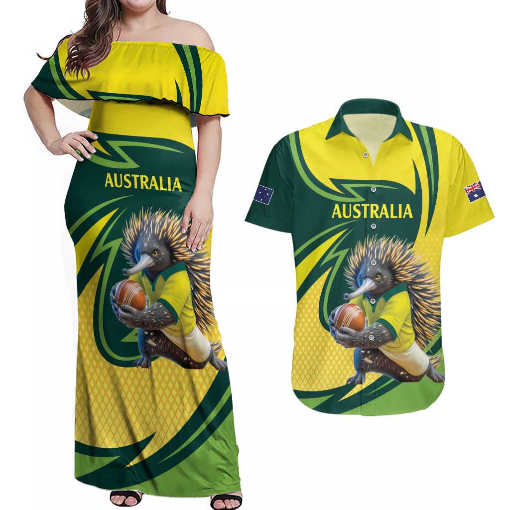 Australian Echidna Cricket Custom Couples Matching Off Shoulder Maxi Dress and Hawaiian Shirt Aussie National Color