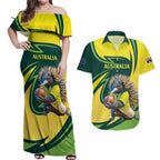 Australian Echidna Cricket Custom Couples Matching Off Shoulder Maxi Dress and Hawaiian Shirt Aussie National Color