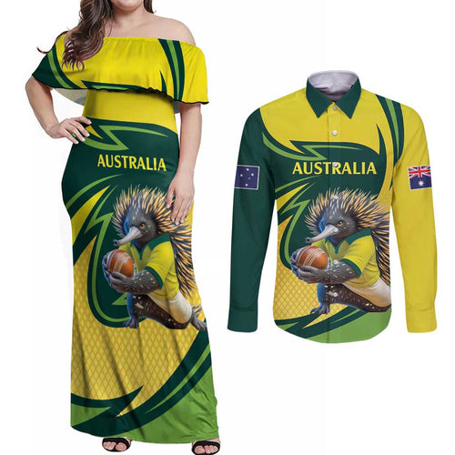 Australian Echidna Cricket Custom Couples Matching Off Shoulder Maxi Dress and Long Sleeve Button Shirt Aussie National Color