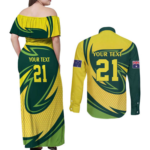Australian Echidna Cricket Custom Couples Matching Off Shoulder Maxi Dress and Long Sleeve Button Shirt Aussie National Color