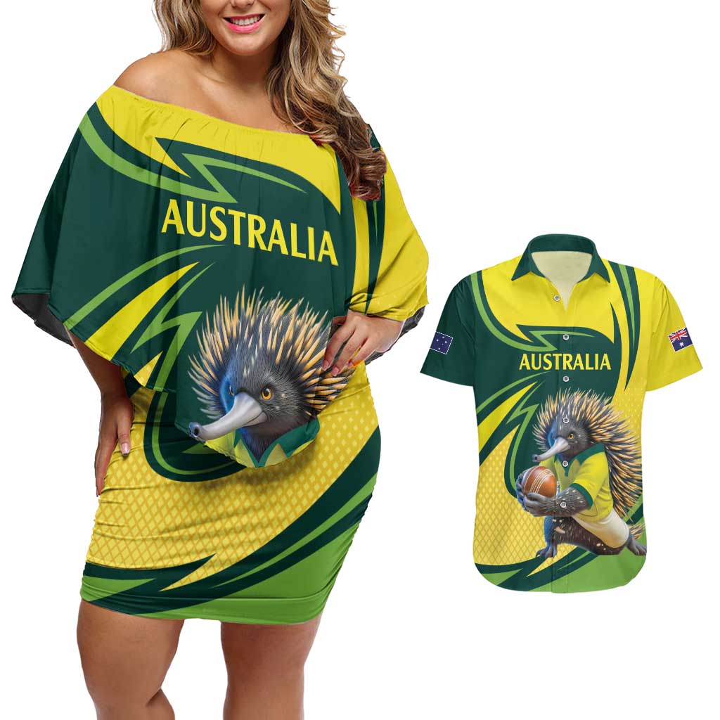 Australian Echidna Cricket Custom Couples Matching Off Shoulder Short Dress and Hawaiian Shirt Aussie National Color