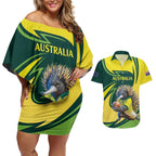 Australian Echidna Cricket Custom Couples Matching Off Shoulder Short Dress and Hawaiian Shirt Aussie National Color