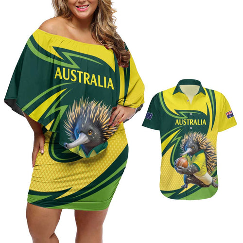 Australian Echidna Cricket Custom Couples Matching Off Shoulder Short Dress and Hawaiian Shirt Aussie National Color