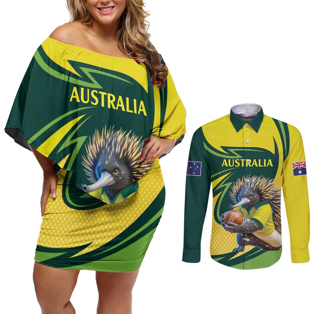 Australian Echidna Cricket Custom Couples Matching Off Shoulder Short Dress and Long Sleeve Button Shirt Aussie National Color