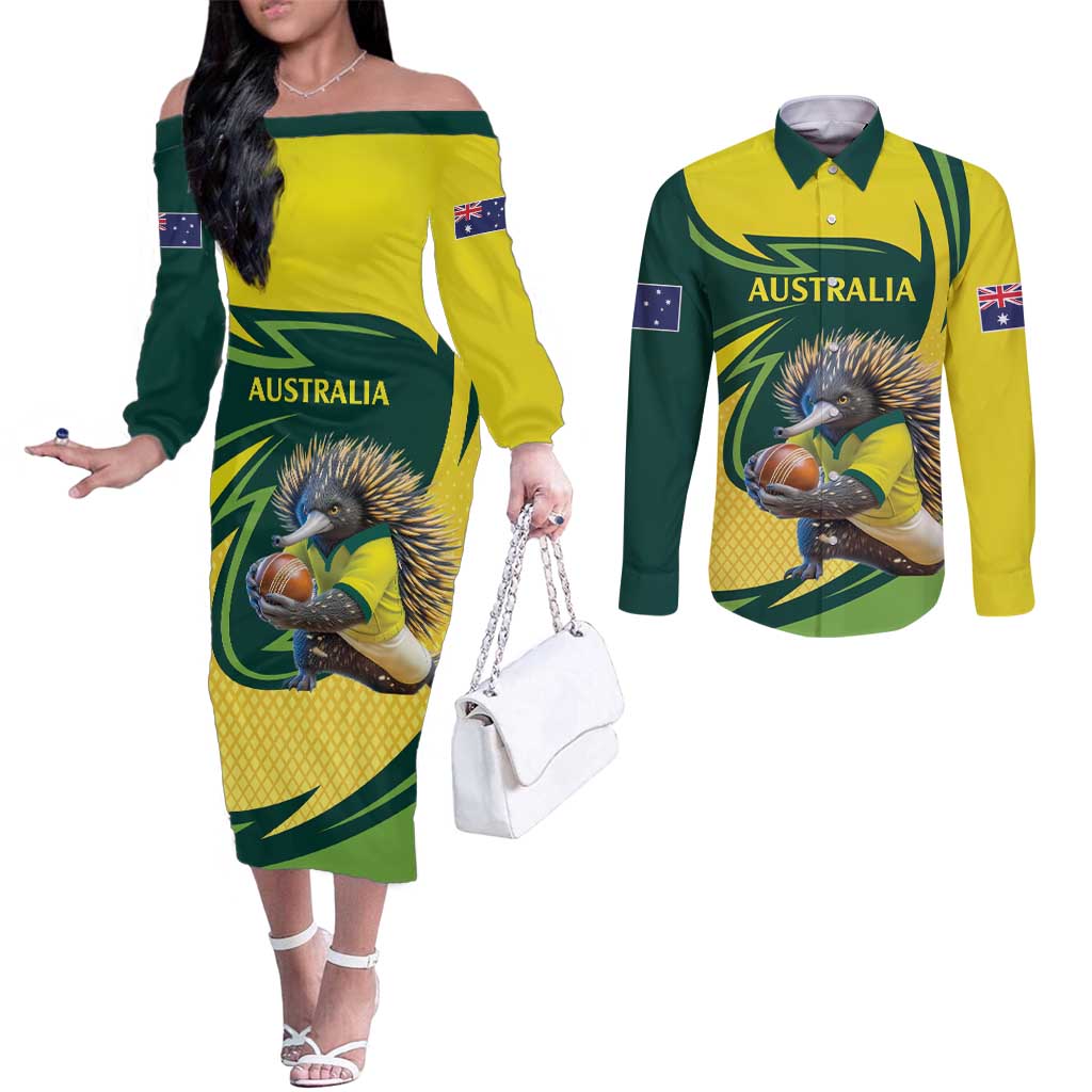 Australian Echidna Cricket Custom Couples Matching Off The Shoulder Long Sleeve Dress and Long Sleeve Button Shirt Aussie National Color