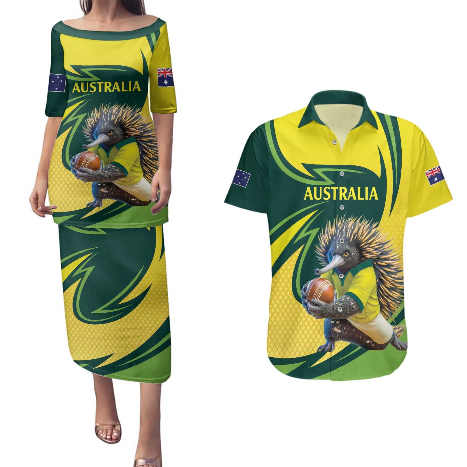 Australian Echidna Cricket Custom Couples Matching Puletasi and Hawaiian Shirt Aussie National Color