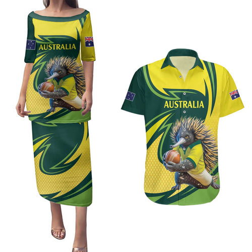Australian Echidna Cricket Custom Couples Matching Puletasi and Hawaiian Shirt Aussie National Color