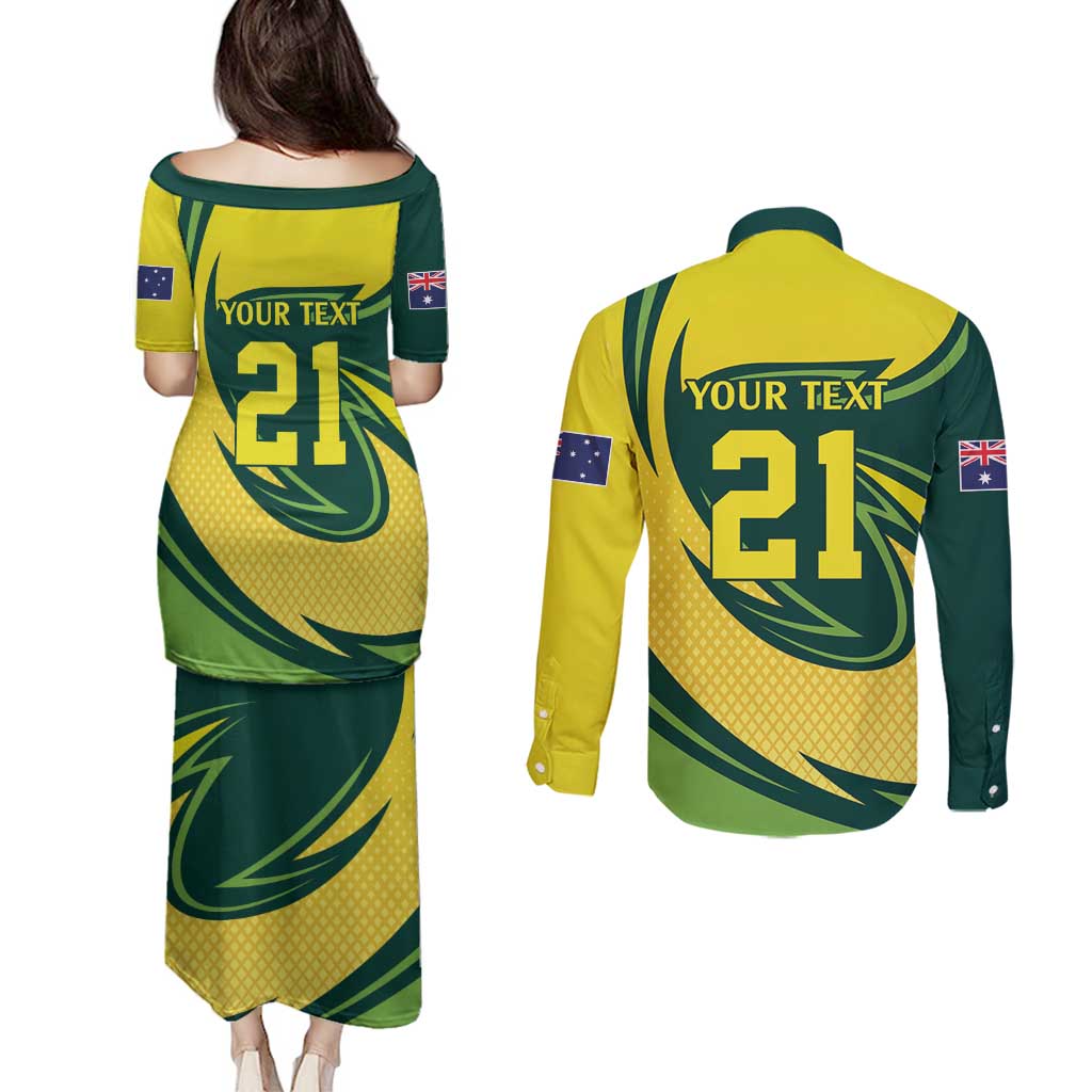 Australian Echidna Cricket Custom Couples Matching Puletasi and Long Sleeve Button Shirt Aussie National Color