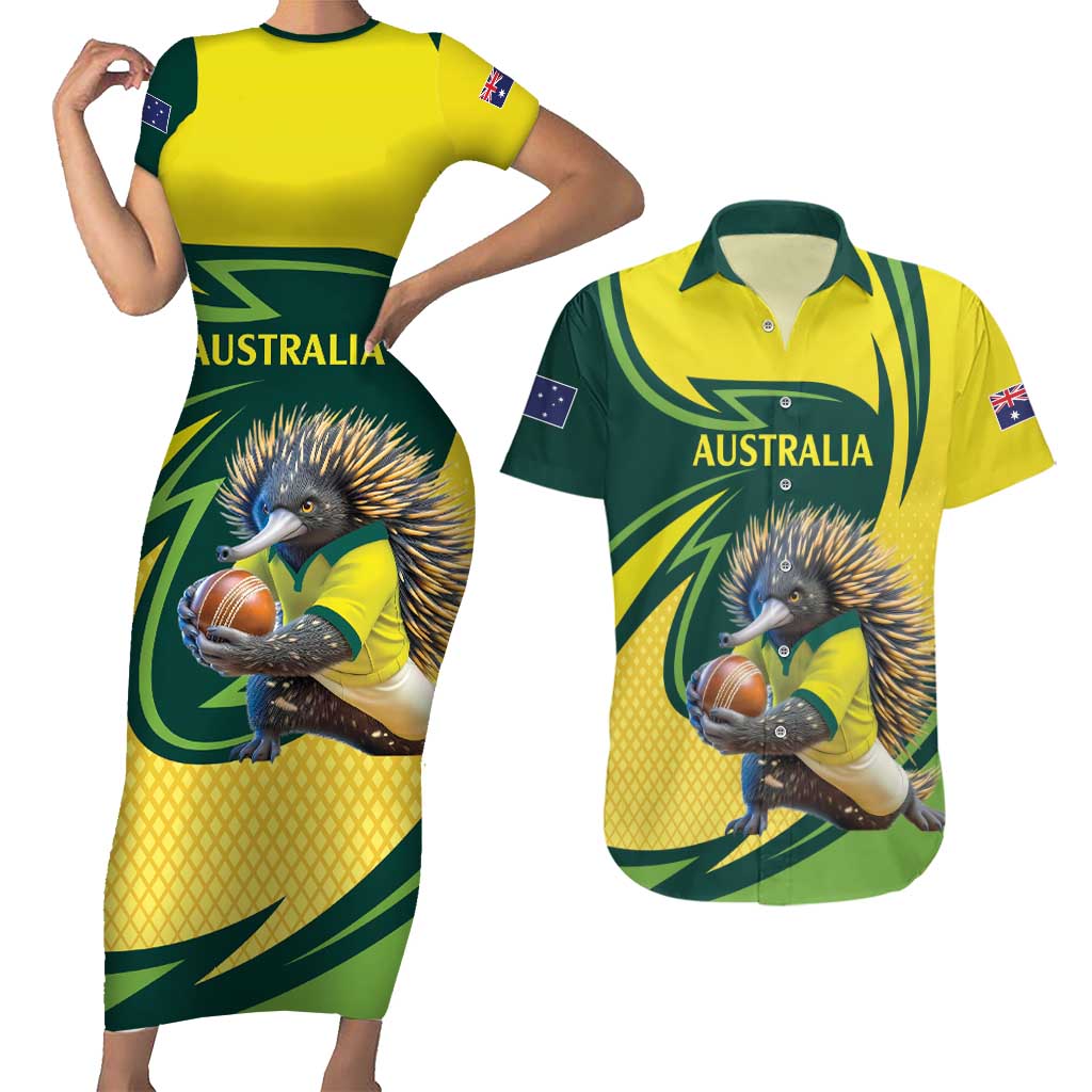 Australian Echidna Cricket Custom Couples Matching Short Sleeve Bodycon Dress and Hawaiian Shirt Aussie National Color