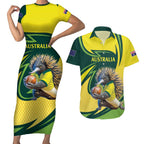 Australian Echidna Cricket Custom Couples Matching Short Sleeve Bodycon Dress and Hawaiian Shirt Aussie National Color