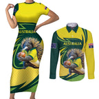 Australian Echidna Cricket Custom Couples Matching Short Sleeve Bodycon Dress and Long Sleeve Button Shirt Aussie National Color