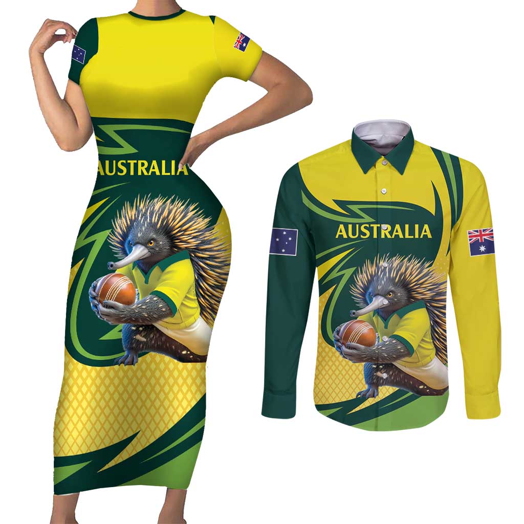Australian Echidna Cricket Custom Couples Matching Short Sleeve Bodycon Dress and Long Sleeve Button Shirt Aussie National Color