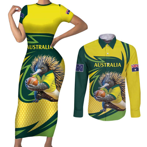 Australian Echidna Cricket Custom Couples Matching Short Sleeve Bodycon Dress and Long Sleeve Button Shirt Aussie National Color