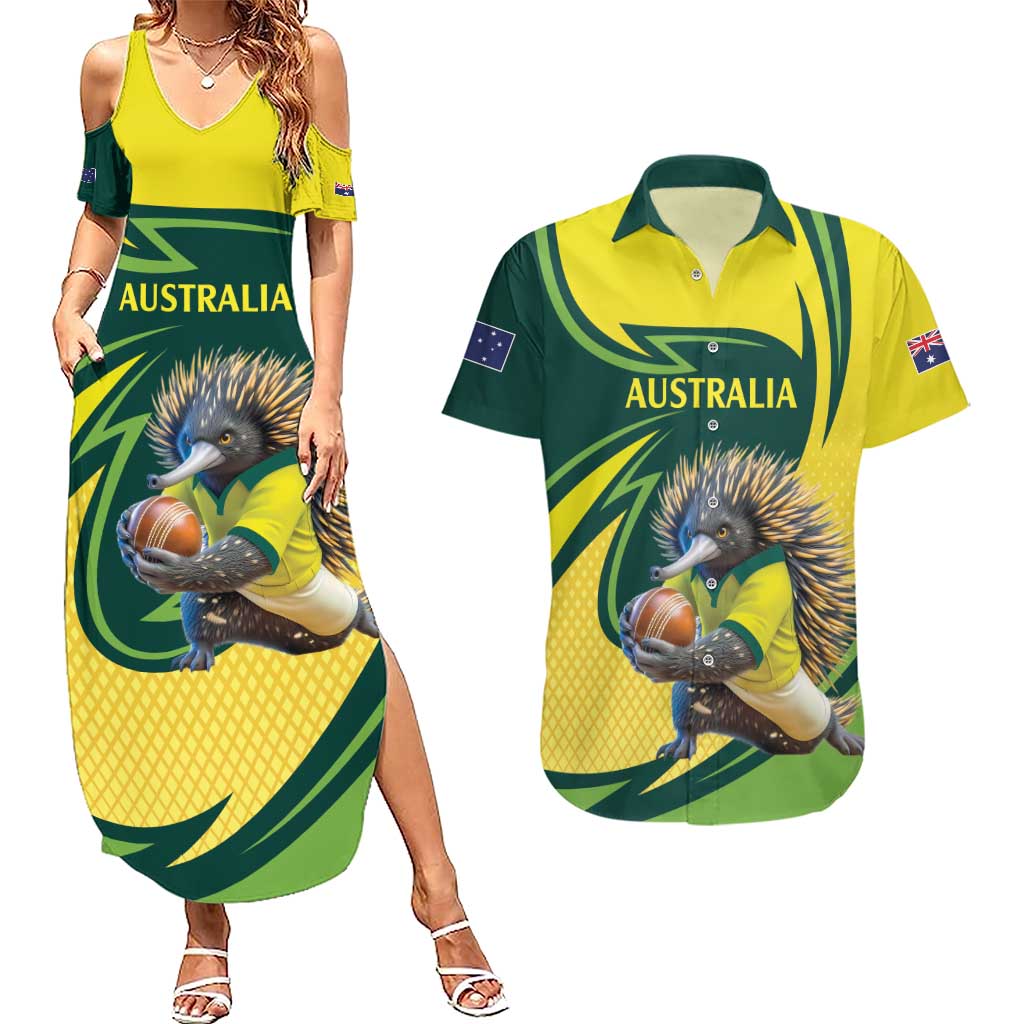 Australian Echidna Cricket Custom Couples Matching Summer Maxi Dress and Hawaiian Shirt Aussie National Color