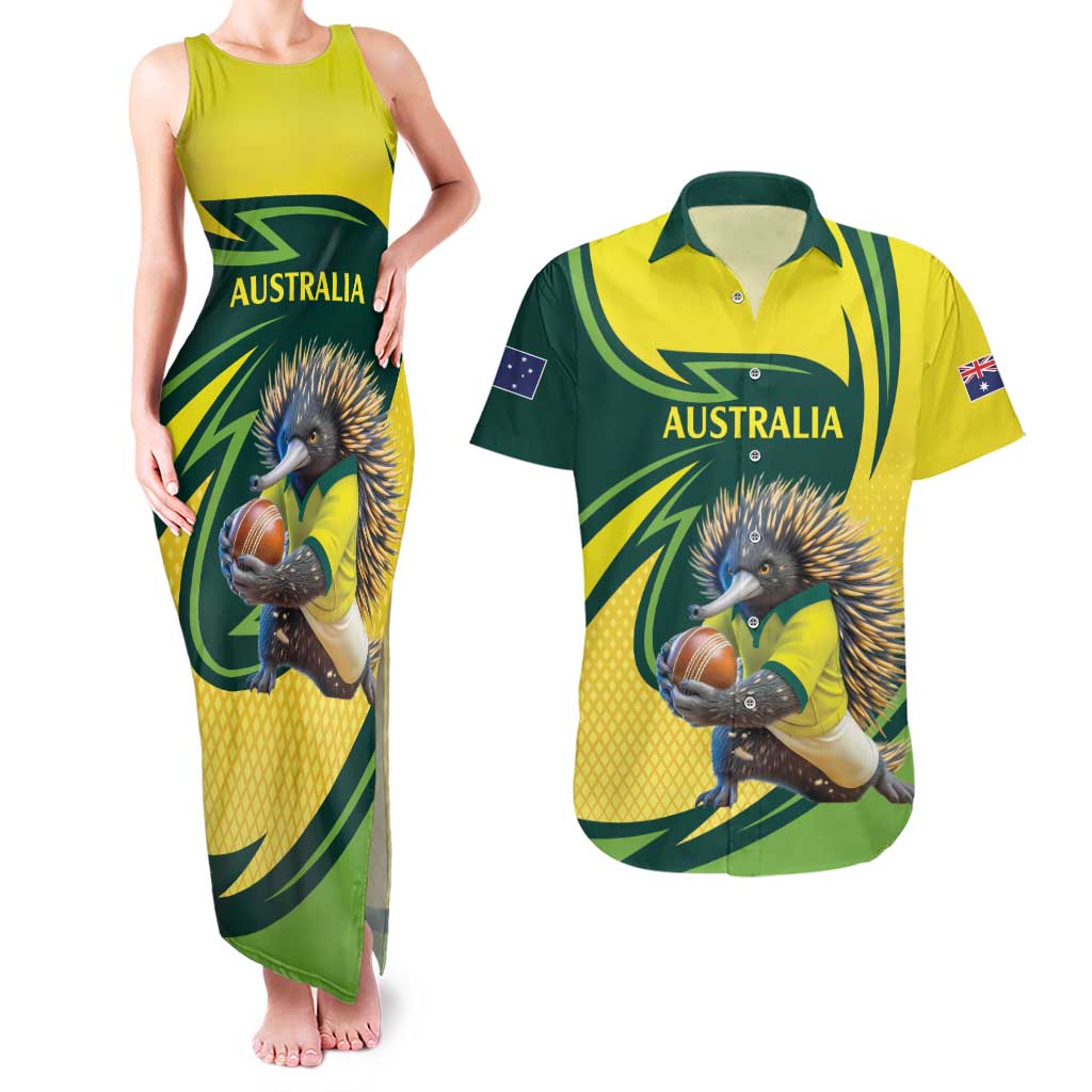 Australian Echidna Cricket Custom Couples Matching Tank Maxi Dress and Hawaiian Shirt Aussie National Color