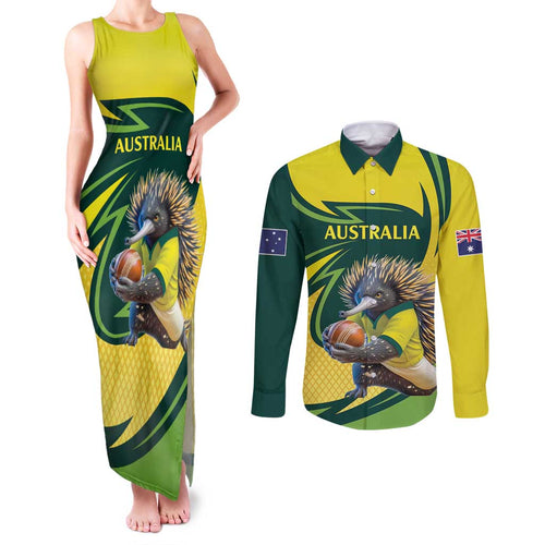 Australian Echidna Cricket Custom Couples Matching Tank Maxi Dress and Long Sleeve Button Shirt Aussie National Color