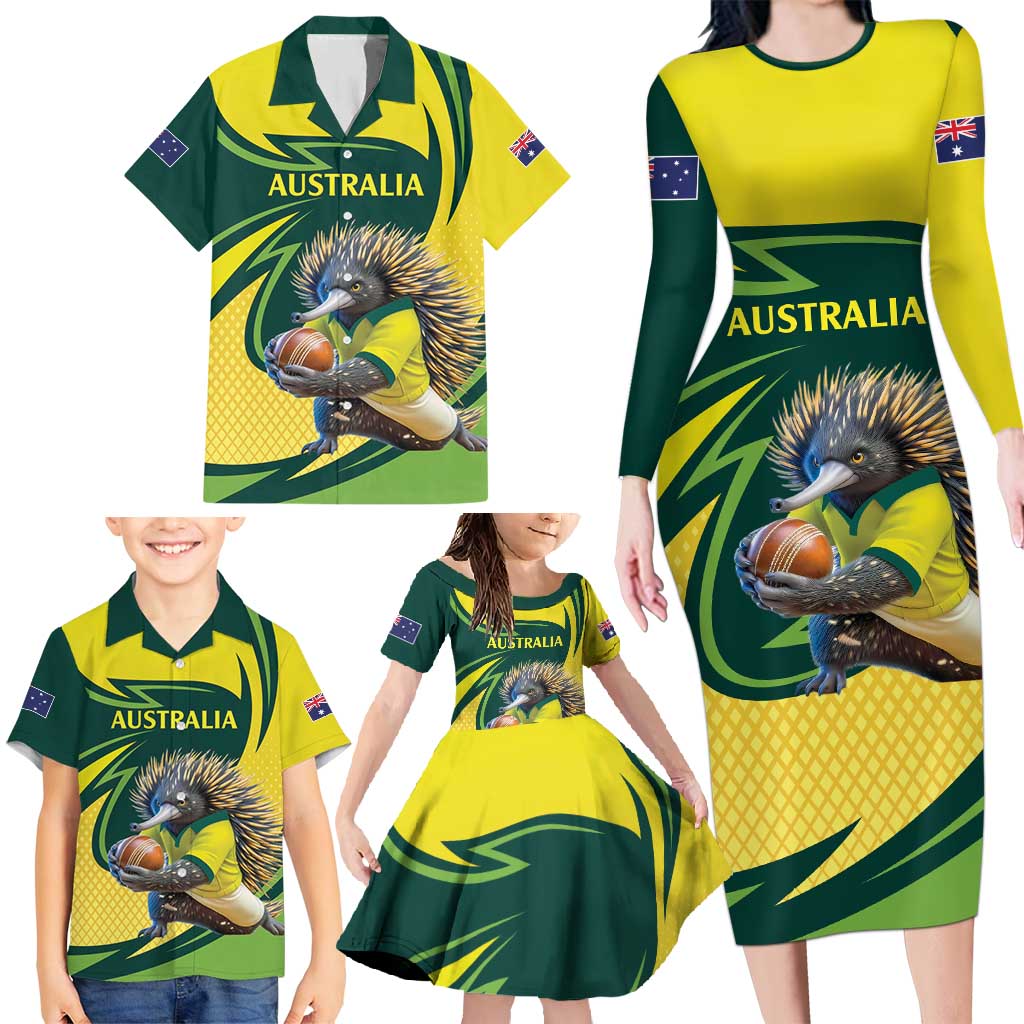 Australian Echidna Cricket Custom Family Matching Long Sleeve Bodycon Dress and Hawaiian Shirt Aussie National Color